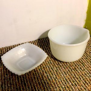 Milk glass bowl and popcorn plate